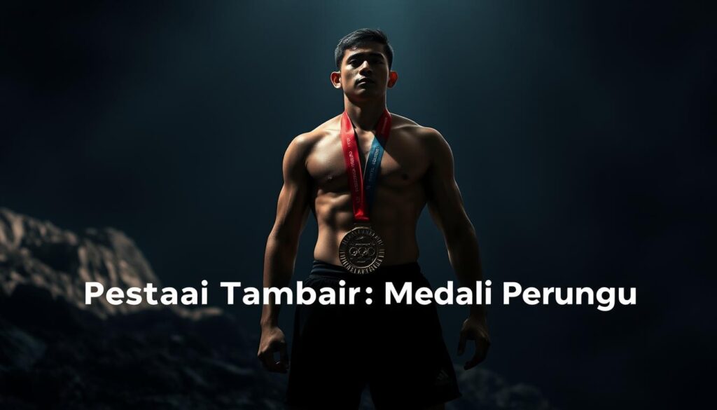 A bronze medal-winning athlete, standing tall and proud, their muscular frame casting a strong shadow in the foreground. The middle ground features a rocky, rugged terrain, hinting at the challenging nature of their sport. Dramatic backlighting illuminates the scene, creating a sense of drama and intensity. The overall mood is one of determination, perseverance, and the hard-earned rewards of athletic excellence. The image captures the essence of the "Prestasi Tambahan: Medali Perunggu" section, inspiring the viewer with the story of a dedicated athlete's bronze medal triumph.