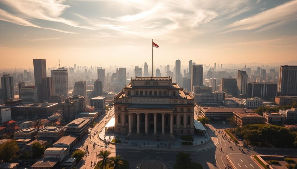 A bustling city skyline, its towering skyscrapers and modern architecture casting long shadows across a sprawling landscape. In the foreground, a majestic government building stands proudly, its ornate facade and grand entrance symbolizing the power of local autonomy. Rays of golden sunlight filter through wispy clouds, illuminating the scene with a sense of authority and civic pride. In the middle ground, people navigate the busy streets, going about their daily lives under the watchful eye of this symbol of regional self-governance. The background fades into a hazy horizon, suggesting the vast expanse of Indonesia's diverse regions, each with its own unique identity and aspirations. This image captures the essence of "otonomi daerah," the decentralization of power that has transformed the country's political landscape.