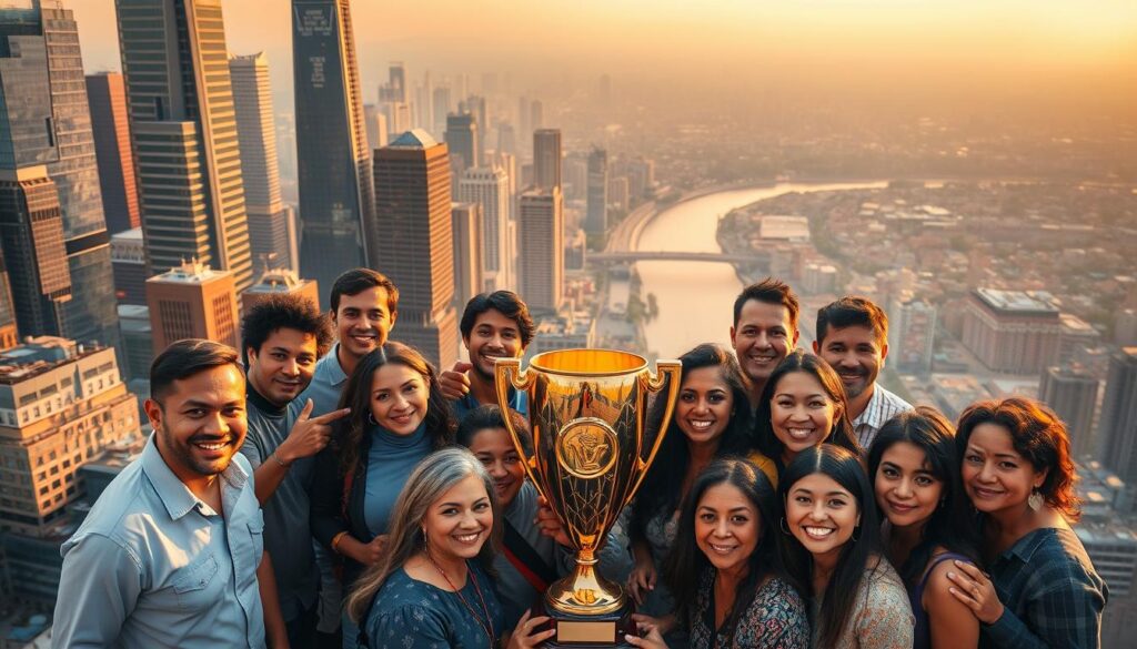 A bustling cityscape with skyscrapers and modern architecture, bathed in warm, golden light. In the foreground, a group of diverse individuals, representing different ages and ethnicities, gather around a large, glowing trophy. Their expressions convey a sense of pride, accomplishment, and celebration. In the middle ground, a winding river reflects the city's skyline, symbolizing the far-reaching impact of their achievement. The background features a panoramic view of the city, with vibrant colors and a hazy, atmospheric quality, suggesting the far-reaching influence of their international success.