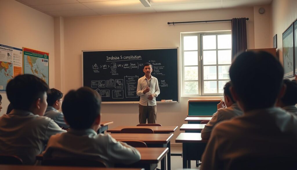 A classroom setting with students engaged in learning about Indonesia's constitution. In the foreground, a teacher stands in front of a blackboard, explaining key aspects of the UUD (Undang-Undang Dasar) with diagrams and illustrations. The students, seated at their desks, listen intently, their faces filled with curiosity and understanding. Soft, warm lighting illuminates the scene, creating a welcoming and focused atmosphere. The middle ground features educational posters and maps adorning the walls, reinforcing the academic nature of the environment. In the background, a large window offers a glimpse of the outside world, symbolizing the connection between the classroom and the broader societal context. The overall composition conveys a sense of active learning and the importance of constitutional education within the Indonesian school system.