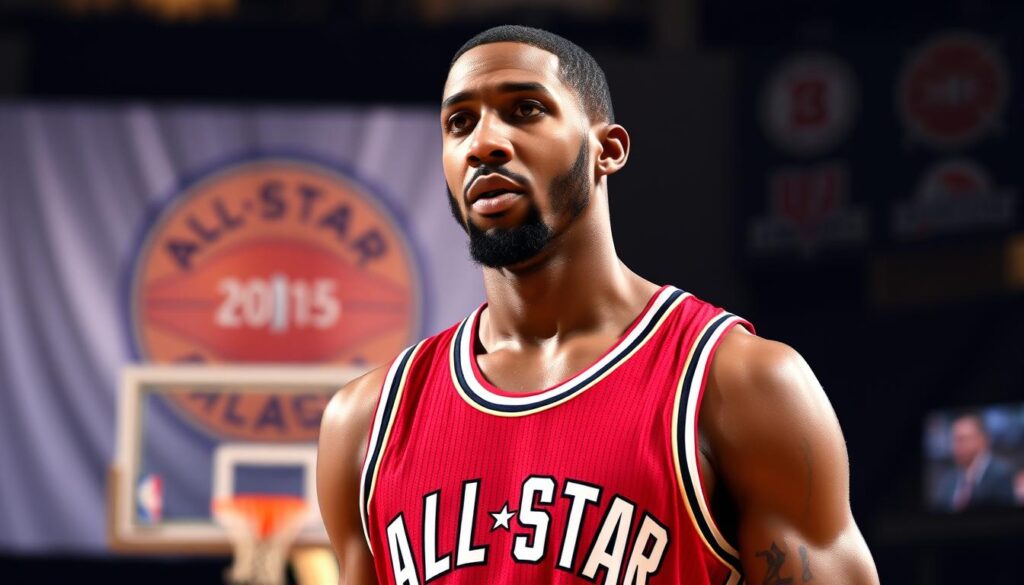 A close-up portrait of NBA superstar Chris Paul in his All-Star jersey, standing confidently on a basketball court with a bright, dynamic lighting that highlights his athletic physique and intense focus. The mid-court background features the All-Star logo and a subtle blur, creating a sense of energy and professional competition. The image conveys Paul's skill, determination, and the pinnacle of his illustrious basketball career, capturing the essence of his remarkable achievements and records.