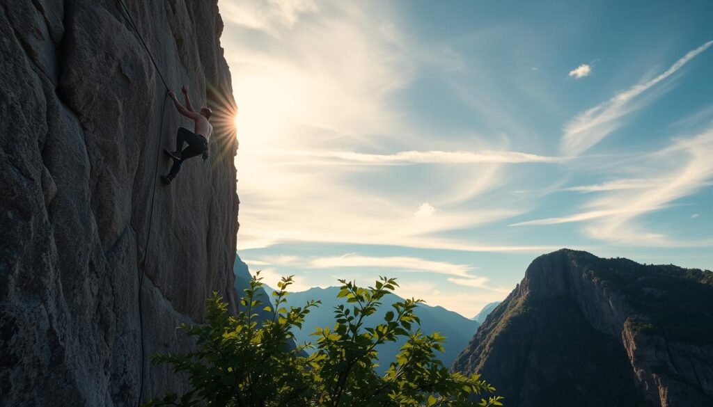 A dynamic rock climber effortlessly scales a towering cliff face, their lithe movements a testament to the physical and mental benefits of the sport. Sunlight filters through wispy clouds, casting a warm glow over the rugged terrain. In the middle ground, lush greenery frames the scene, hinting at the serene natural surroundings. The climber's determination and focus are palpable, showcasing the discipline and perseverance developed through this thrilling activity. A wide-angle lens captures the grandeur of the landscape, emphasizing the sense of adventure and personal growth inherent in the pursuit of rock climbing.