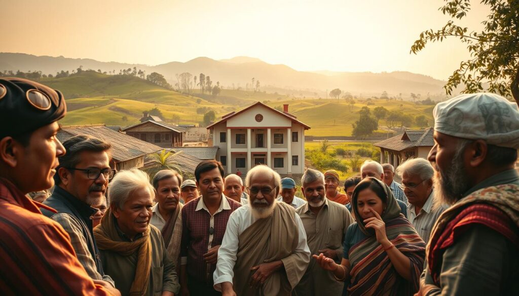 A dynamic village political landscape, with a mix of traditional and modern elements. In the foreground, a group of villagers engaged in lively discussions, their expressions reflecting the complexities of local governance. The middle ground showcases a town hall or community center, its architecture blending traditional and contemporary styles. In the background, rolling hills, verdant fields, and a sense of the rural idyll, juxtaposed with the hustle and bustle of the political process. Warm, golden lighting illuminates the scene, casting a contemplative mood. Captured through a wide-angle lens, the composition conveys a sense of depth and the interconnectedness of the various elements. An insightful portrayal of the nuances and challenges of village-level politics.