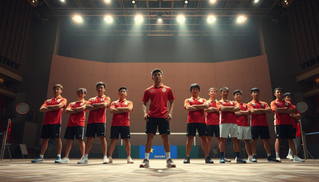 A group of elite Indonesian badminton players standing confidently on a grand stage, bathed in warm, dramatic lighting. Their fierce expressions and powerful stances convey the determined spirit of the nation's top athletes as they prepare to compete at the prestigious Japan Open 2025 tournament. The foreground features the players in sharp focus, while the middle ground showcases the tournament venue's elegant architecture. The background subtly blends elements of traditional Indonesian culture with a sense of international flair, creating a dynamic and inspiring visual narrative.
