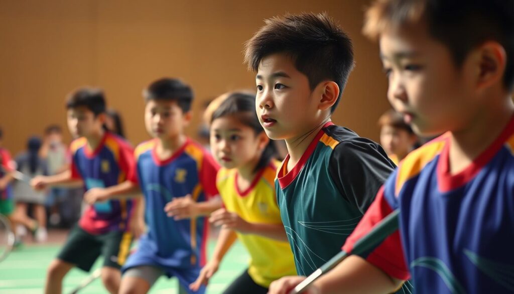 A group of young badminton players, dressed in colorful uniforms, intently focused on the court as they compete in an intense junior tournament. The lighting is warm and natural, casting soft shadows that highlight the athletes' agile movements. The background is blurred, emphasizing the dynamic action on the court. The composition captures the energy and determination of the participants, their faces expressing the thrill of the competition. An overall sense of excitement and camaraderie permeates the scene, reflecting the spirit of the Jaya Raya Junior Grand Prix 2025.