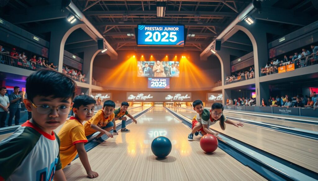 A high-energy bowling competition in a modern, well-lit indoor arena. In the foreground, a group of young bowlers, faces full of focus and determination, prepare to roll their balls down the gleaming lanes. The middle ground reveals the spectacle of the event, with cheering spectators lining the sides and a scoreboard displaying the players' scores. In the background, the venue's architecture stands tall, with sleek lines and vibrant colors that reflect the excitement of the tournament. Dramatic lighting casts dramatic shadows, adding to the sense of intensity and drama. The overall atmosphere conveys the thrill and prestige of the "Prestasi Boling Junior 2025" competition.