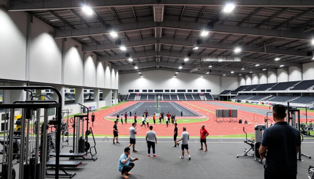 A modern, well-equipped training facility for Indonesian athletes competing in the 2025 SEA Games. The foreground shows a spacious indoor gym with state-of-the-art fitness equipment and machines. Spotlights from the high ceiling illuminate the space, creating a motivating atmosphere. In the middle ground, a team of athletes engage in various training exercises under the guidance of experienced coaches. The background depicts a track and field area with running tracks, jumping pits, and other specialized training zones. The entire scene conveys a sense of discipline, dedication, and the commitment to excellence that defines the world-class training program supporting Indonesia's top athletes.