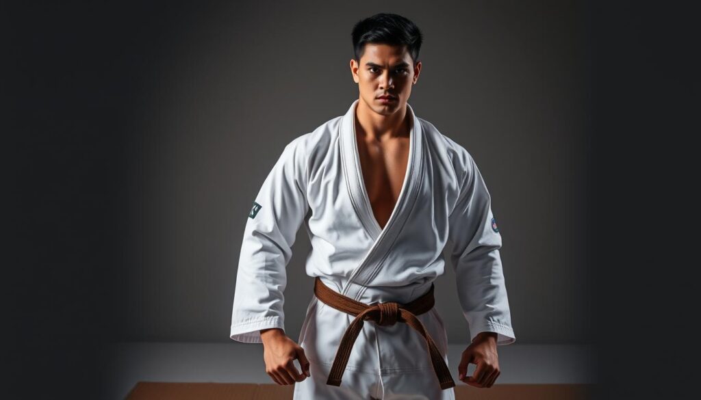 A muscular Indonesian judo athlete stands firmly on a tatami mat, clad in a crisp white judogi. Their intense gaze and focused expression convey the determination and discipline of the sport. Dramatic studio lighting casts dramatic shadows, emphasizing the athlete's powerful physique and athletic prowess. The background is a moody, neutral color that allows the subject to take center stage, radiating strength and national pride. The overall composition evokes the spirit of international competition and the unity fostered through sports.