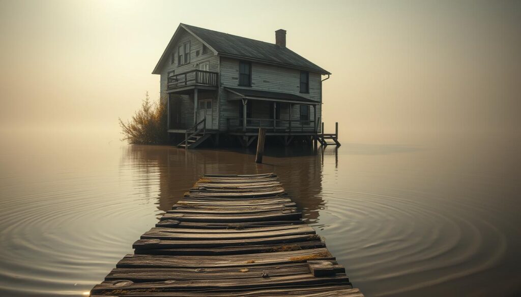 A partially submerged two-story house, its foundations sinking into a murky, reflective pool of water. The structure appears weathered, with peeling paint and overgrown vegetation clinging to its sides. Sunlight filters through the hazy atmosphere, casting a warm, melancholic glow over the scene. In the foreground, a rickety wooden dock extends towards the house, its planks worn and moss-covered. Ripples spread across the still surface, hinting at the depth and movement beneath. The background is shrouded in a sense of isolation, with a distant horizon line blending into the overcast sky. This haunting, atmospheric image captures the unique story and unseen details of a house that has succumbed to the forces of nature.
