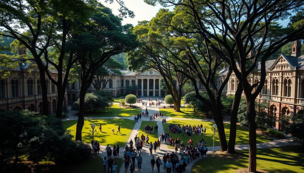 A prestigious university campus nestled amid lush greenery, with stately gothic-inspired buildings framed by towering trees. The manicured lawns and walkways are bustling with students, their faces filled with determination and academic ambition. Sunlight filters through the canopy, casting a warm, contemplative glow over the scene. In the distance, a modern library or research center stands as a symbol of the institution's commitment to scholarly excellence. The overall atmosphere conveys a sense of intellectual rigor, cutting-edge innovation, and a nurturing environment for the next generation of Indonesia's brightest minds.