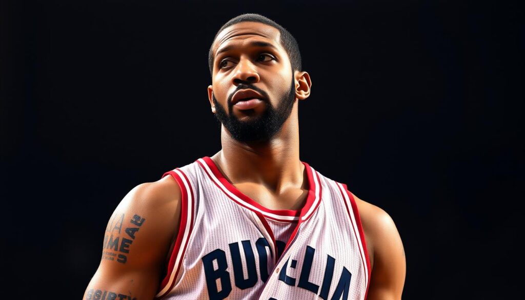 A professional basketball player, Chris Paul, standing with a contemplative expression, his uniform jersey partially unzipped, signifying the end of his NBA career. The lighting is soft and warm, casting subtle shadows on his face, conveying a sense of introspection. The background is blurred, emphasizing the focus on the player's figure, as he reflects on his legacy and the next chapter of his life.