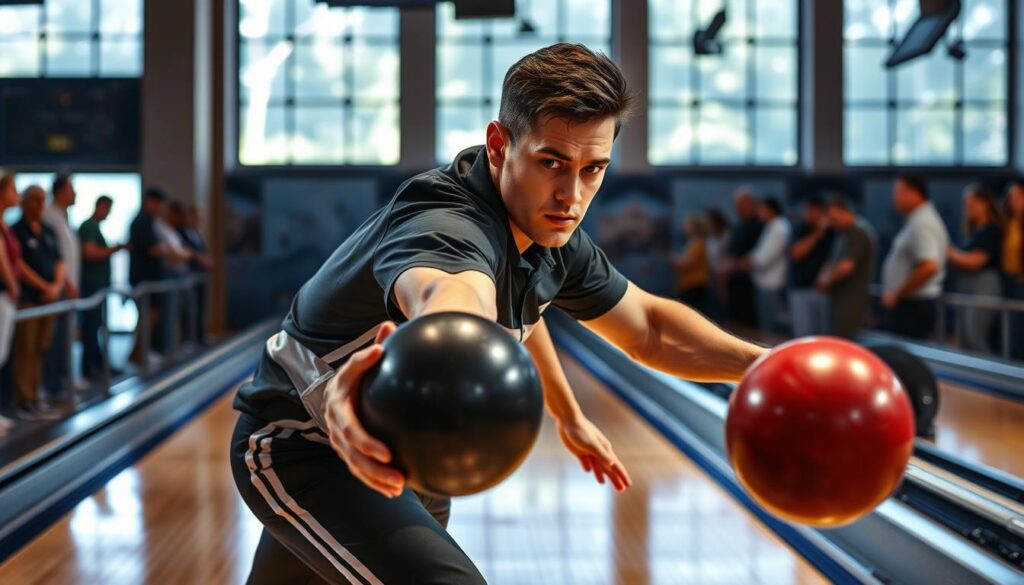 A professional bowler in athletic attire, poised and focused, gracefully delivers a bowling ball down a well-lit, polished lane during a high-stakes competition. Spectators line the sidelines, creating an electric atmosphere of anticipation. The bowler's intense expression is captured in sharp detail, illuminated by natural lighting filtered through large windows that offer a glimpse of the broader venue. The scene conveys the thrill and intensity of a prestigious bowling tournament, where skilled athletes compete at the highest level.