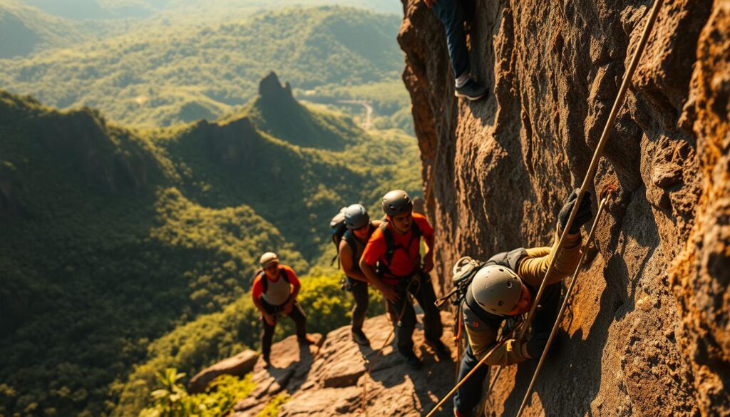 A professional mountaineering scene capturing the influential role of the Indonesian Climbing Federation (FPTI) in preparing athletes for the upcoming Sea Games. In the foreground, a group of determined climbers scale a rugged rock face, their focused expressions and dynamic movements conveying the intensity of their training. The middle ground reveals FPTI coaches providing guidance and support, using specialized equipment to ensure the athletes' safety and progress. In the background, the lush, verdant landscape of Indonesia's renowned climbing destinations sets the stage, hinting at the nation's rich tradition of the sport. Warm, directional lighting casts dramatic shadows, heightening the sense of drama and determination. The overall composition captures the FPTI's pivotal role in cultivating Indonesia's climbing talent and propelling them towards success in international competitions.