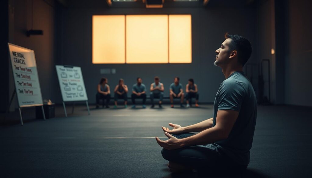 A serene, dimly lit indoor training facility. In the foreground, a determined athlete sits cross-legged, eyes closed, engaging in deep meditation. Surrounding them, various mental exercises and visualization tools, such as a whiteboard with strategic game plans and inspirational quotes. In the middle ground, a group of athletes practice mindfulness techniques under the guidance of a focused, experienced coach. The background depicts a tranquil, minimalist setting with soft, warm lighting, conveying a sense of focus, discipline, and mental preparation for the upcoming competition.