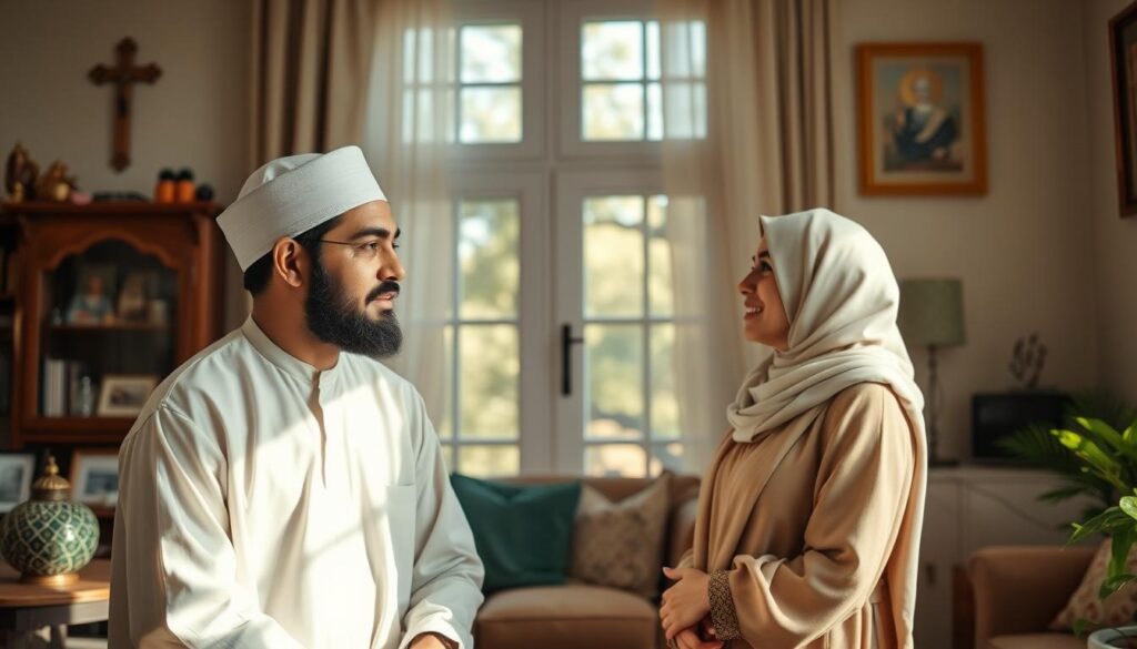 A serene home interior with warm natural lighting, showcasing a married couple of different faiths engaged in thoughtful discussion. The husband, dressed in traditional Islamic attire, listens intently to his wife, who wears modest contemporary clothing. Subtle visual cues like religious artifacts and family photos suggest the challenges of navigating interfaith dynamics. The overall atmosphere conveys a sense of contemplation and mutual understanding, hinting at the nuanced, yet delicate, nature of their relationship.