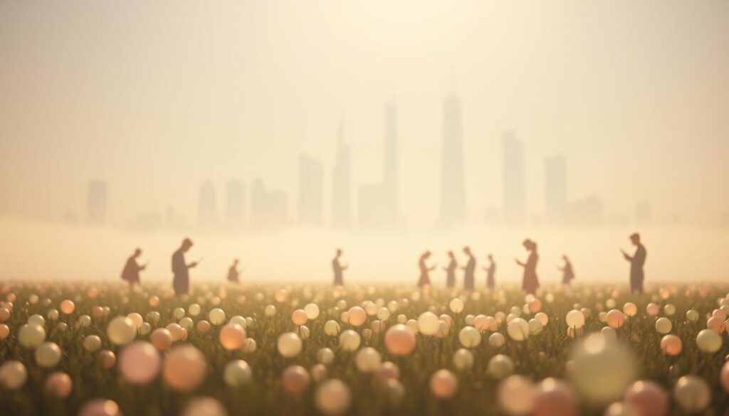 A serene, minimalist digital landscape depicting the influence of social media on mental well-being. In the foreground, a tranquil field of floating aura-like orbs in soothing pastel hues, representing the calming effects of "aura farming" - the practice of cultivating positive mental energy. In the middle ground, a group of people immersed in their mobile devices, casting elongated shadows that blend into the background. The background features a softly blurred, hazy cityscape, conveying the global reach and impact of social media. The overall scene is bathed in a warm, diffused lighting, creating a contemplative and introspective atmosphere.