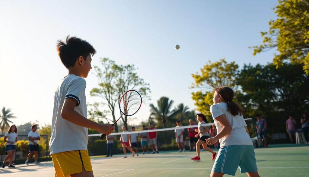 A serene, well-lit badminton court set against a backdrop of lush greenery and a clear blue sky. In the foreground, a group of young badminton players, their faces filled with determination, engaged in a friendly yet competitive match. The court is bathed in warm, natural lighting, casting a golden glow over the scene. The players' movements are graceful and precise, as they strive to reach their full potential. In the middle ground, coaches and spectators observe the tournament, their expressions a mix of pride and encouragement. The overall atmosphere conveys a sense of camaraderie, sportsmanship, and the joy of pursuing one's passion for the sport.