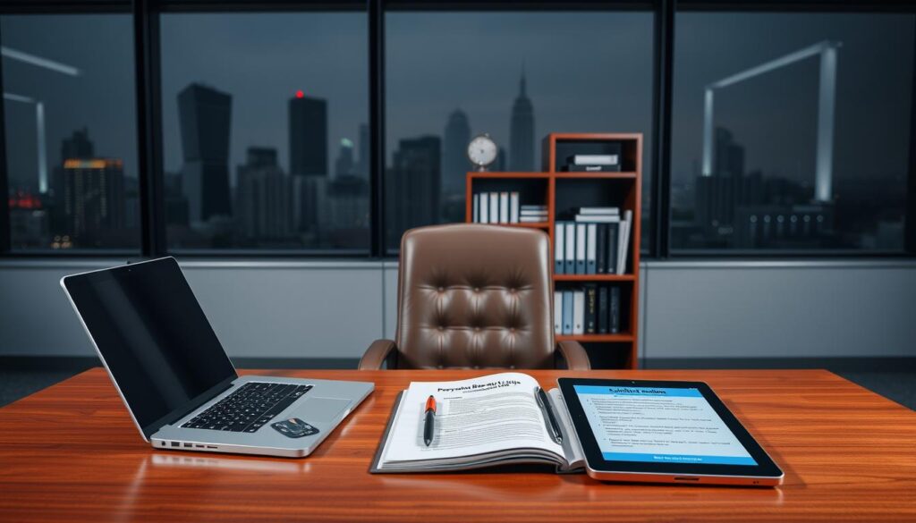A sleek, modern office environment with a large window overlooking a city skyline. In the foreground, a wooden desk with a laptop, books, and a stylized document titled "Persyaratan Beasiswa Teknologi". On the desk, a pen and a tablet displaying scholarship application guidelines. The middle ground features a leather chair and a bookshelf with various technological and academic resources. The background is dimly lit, creating a focused and professional atmosphere, with subtle lighting accentuating the desk and its contents.