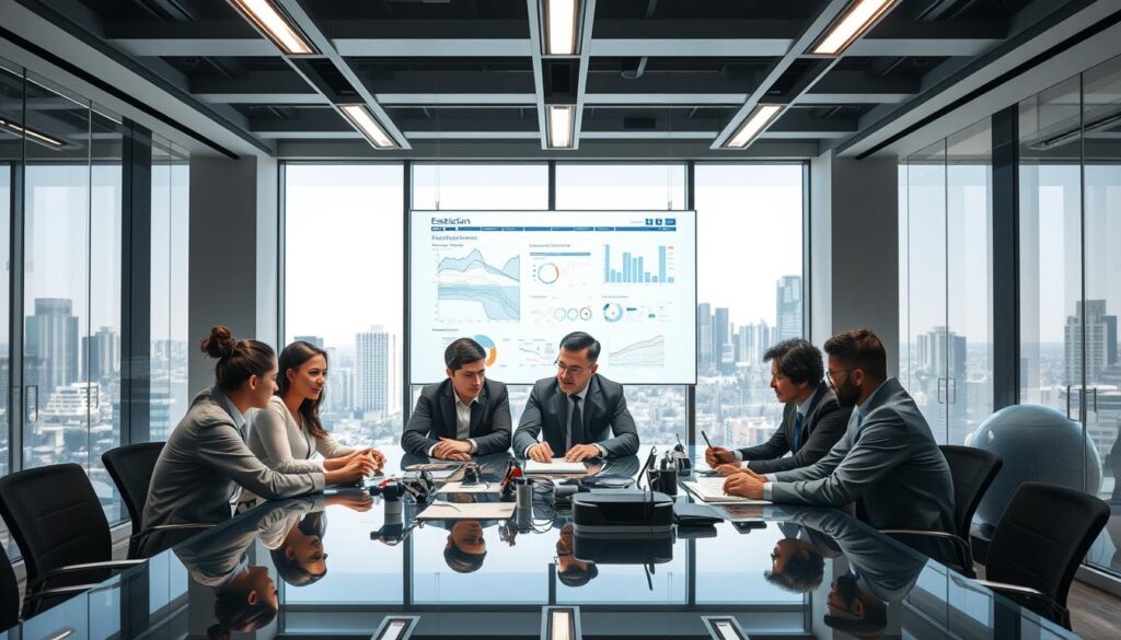 A sleek, modern office setting with a focus on the selection process for emerging technologies. In the foreground, a diverse team of professionals sits around a glass conference table, intently examining data and prototypes. Soft, directional lighting from overhead fixtures casts an aura of thoughtful deliberation. In the middle ground, a large display screen showcases technical diagrams and analysis, while the background features floor-to-ceiling windows overlooking a vibrant cityscape. The atmosphere conveys a sense of innovation, collaboration, and a rigorous, data-driven approach to technological advancement.
