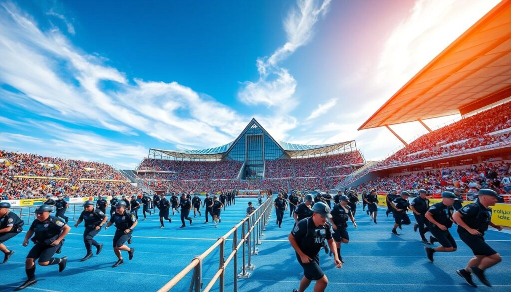 A sprawling outdoor arena bustling with police and firefighter teams competing in a variety of physical challenges. In the foreground, athletes in uniform navigate an obstacle course, their faces determined as they push their limits. The middle ground features spectator stands packed with cheering crowds, their energy palpable. In the background, the venue's gleaming modern architecture rises, framed by a vibrant blue sky with wispy clouds. Bright, warm lighting bathes the scene, creating an atmosphere of camaraderie and celebration. This is the World Police and Fire Games, where the bravest of heroes come together to showcase their skills and honor their shared calling.