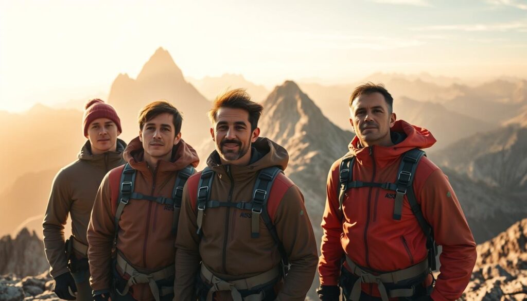A strategic team of national climbers, standing tall and focused, their eyes fixed on the summit. In the foreground, the climbers are outfitted in sleek, technical gear, their expressions determined as they plan their ascent. The middle ground reveals a rugged, mountainous landscape, with towering peaks and winding trails leading to the top. The background is bathed in a warm, golden light, casting a sense of optimism and possibility. The scene is captured with a wide-angle lens, highlighting the scale and grandeur of the challenge before them. This image conveys the preparation, teamwork, and unwavering spirit of the national climbing team as they set their sights on the 2028 Los Angeles Olympics.