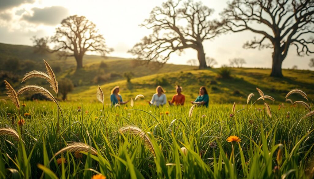 A tranquil and serene scene of an "aura farming kolektif". In the foreground, a lush, verdant field with swaying grasses and vibrant wildflowers. Soft, diffused sunlight filters through wispy clouds, casting a warm, golden glow over the scene. In the middle ground, a group of people sit in a circle, their eyes closed in meditation, their auras radiating a calming, ethereal energy. In the background, a rolling hillside dotted with ancient trees, their branches reaching up towards the sky. The atmosphere is one of deep contemplation and inner peace, inviting the viewer to pause and connect with the restorative power of nature.