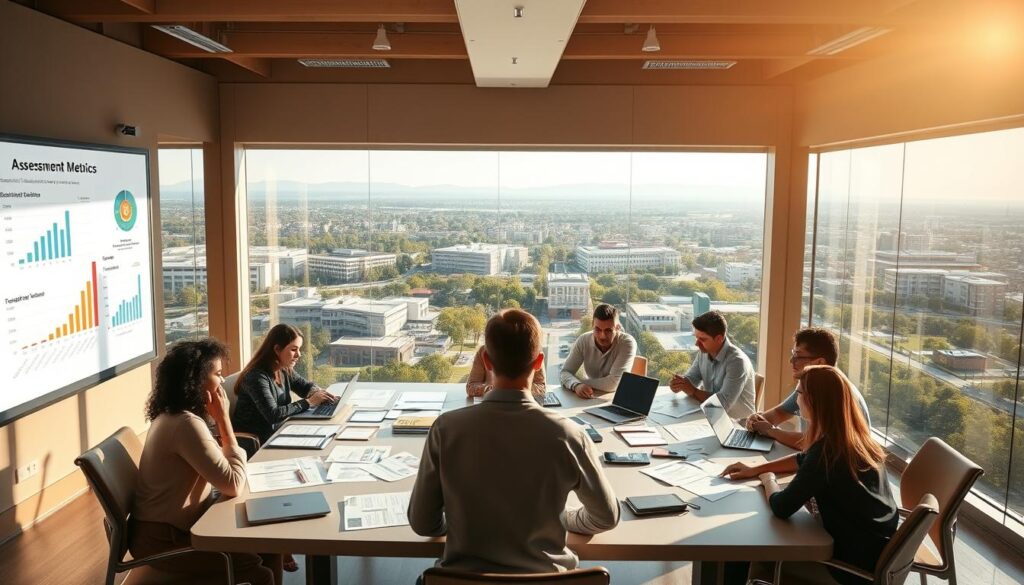 A university campus with a diverse group of students, professors, and administrators gathered around a large conference table. The scene is bathed in warm, natural lighting, creating a sense of productivity and collaboration. In the foreground, data visualizations and assessment metrics are projected onto a large screen, while various documents and laptops are scattered across the table, reflecting the thorough and analytical nature of the campus evaluation process. The middle ground features an array of architectural elements, such as modern buildings and lush greenery, showcasing the campus' physical environment. In the background, a panoramic view of the surrounding cityscape can be seen, providing context and a sense of the university's integration within the larger community. The overall atmosphere conveys a sense of rigor, transparency, and a commitment to excellence in higher education.