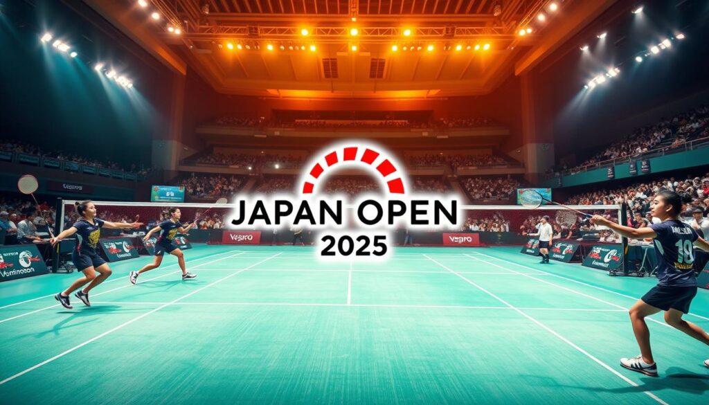 A vibrant and dynamic composition showcasing the key elements of the Japan Open 2025 badminton tournament. In the foreground, a group of elite badminton players in mid-action, rackets poised, bodies in graceful motion against a sleek, modern court. The middle ground features the tournament logo and branding, prominently displayed in a bold, eye-catching design. The background is filled with the energy and excitement of the event, with spectators in the stands and the iconic architecture of the host venue, bathed in warm, golden lighting that captures the festive atmosphere. The overall scene conveys the prestige, intensity, and global significance of this prestigious badminton championship.