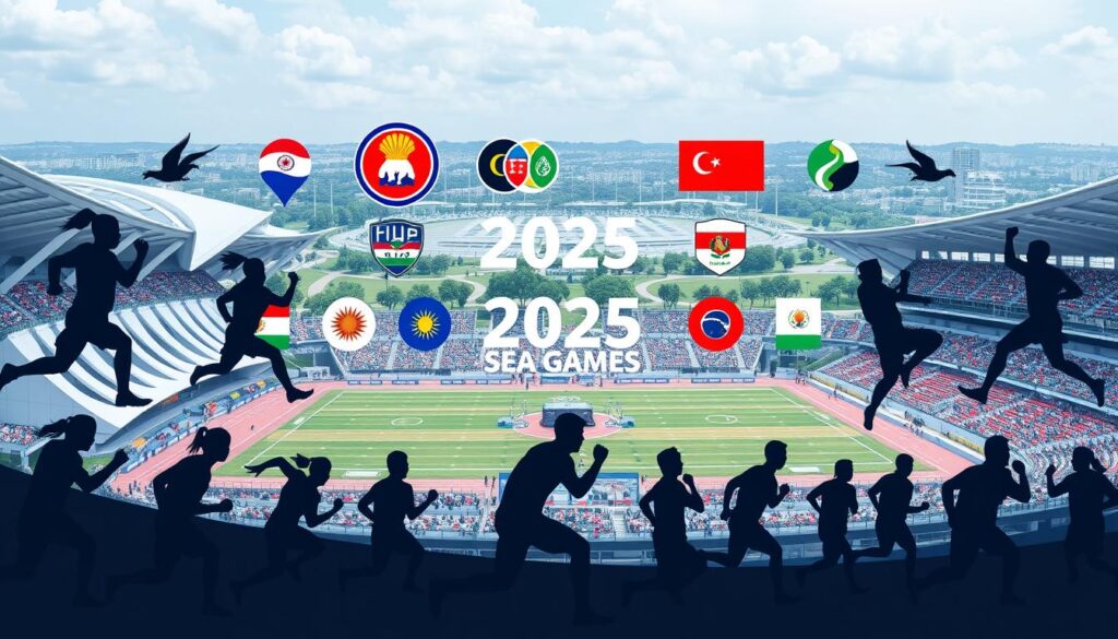 A vibrant collage showcasing the diverse sporting events of the 2025 SEA Games, set against a backdrop of a modern, well-equipped sports complex. In the foreground, silhouettes of athletes engaged in a variety of disciplines, from track and field to martial arts, with a focus on dynamic poses and action. The middle ground features the distinct logos and symbols of the participating nations, creating a sense of unity and international camaraderie. The background is a panoramic view of the state-of-the-art facilities, including sleek, angular architecture, well-manicured playing fields, and spectator stands filled with enthusiastic crowds. The overall tone is one of excitement, energy, and the spirit of friendly competition that embodies the essence of the SEA Games.