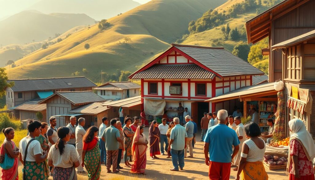 A vibrant rural village scene, showcasing the cooperative spirit of the local community. In the foreground, a group of diverse residents gather around a central meeting hall, engaged in lively discussions and exchanging ideas. The building's traditional architecture and bright red-and-white color scheme evoke a sense of pride and unity. In the middle ground, small shops and stalls offer a variety of locally-sourced goods, reflecting the economic vibrancy of the community. In the background, rolling hills and lush greenery provide a picturesque backdrop, emphasizing the village's integration with the natural landscape. The scene is illuminated by warm, golden sunlight, creating a welcoming and prosperous atmosphere.
