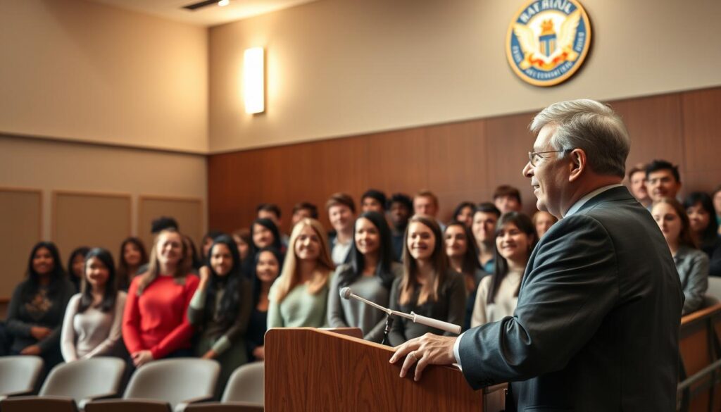 A warm and welcoming scene in a school auditorium. In the foreground, the principal, a kind-faced individual in formal attire, stands at a podium, gesturing animatedly as they address a group of students and faculty. Soft, natural lighting fills the space, casting a serene glow on the scene. In the middle ground, the students, their faces alight with pride and gratitude, listen intently, their postures reflecting a sense of appreciation. The background features the school's crest or logo, subtly framing the moment of recognition and celebration. An atmosphere of pride, accomplishment, and mutual respect permeates the image.