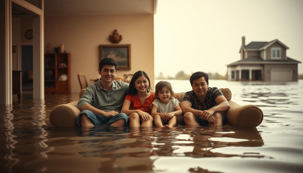 A warm, nostalgic family portrait set in a partially submerged house, with a faint sepia tone evoking memories of the past. In the foreground, a young family of four - parents and two children - sitting on a couch, their faces filled with a bittersweet mixture of joy and melancholy. The middle ground shows the interior of the house, with water lapping at the floorboards and furniture partially submerged. The background reveals the exterior of the house, its roof and upper floors still visible above the rising waters, conveying a sense of the gradual, relentless encroachment of nature. Soft, diffused lighting casts a gentle glow, emphasizing the emotional weight of the scene. The overall atmosphere evokes a poignant, nostalgic reflection on the impermanence of home and the enduring bonds of family.