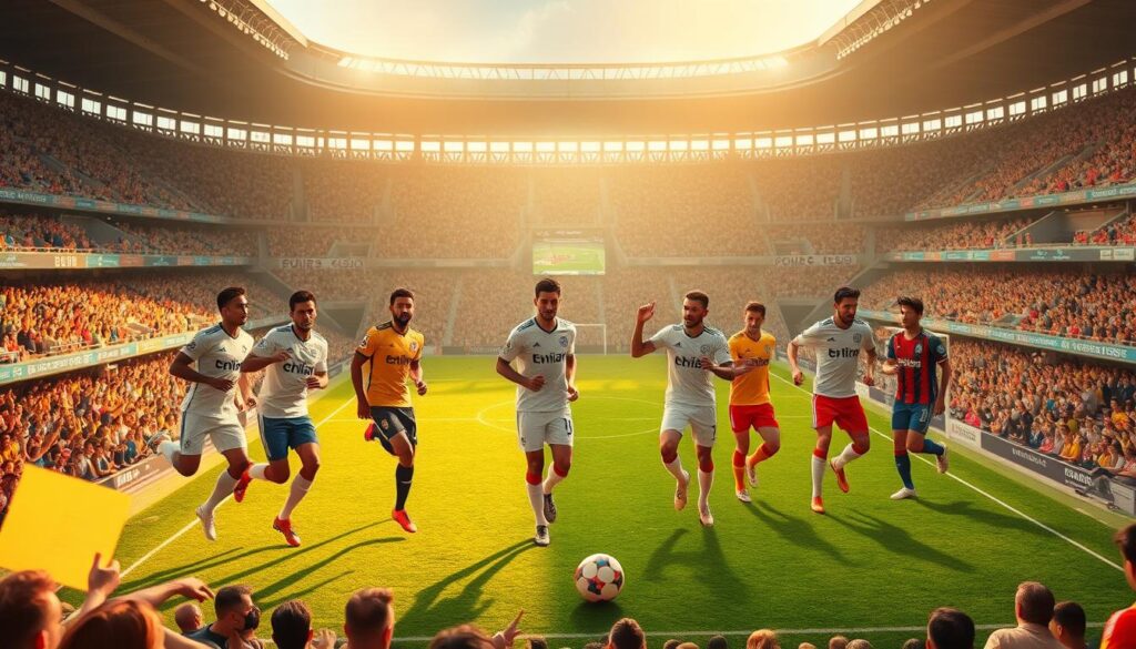 Aturan pemain asing di kompetisi 2025: A bustling football stadium in 2025, filled with fans cheering on their favorite teams. On the pitch, 11 foreign players from diverse nationalities showcasing their skills, representing the new quota rules of the Super League. The scene is bathed in warm, golden light, capturing the energy and excitement of the match. Crisp, detailed player uniforms, the vibrant green of the turf, and the dynamic poses of the athletes create a captivating visual narrative. The image conveys the evolution of the league, embracing international talent while maintaining a distinct local flavor.