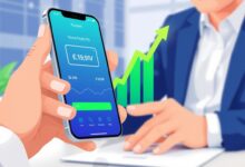 Ilustrasi meningkatkan transaksi bisnis dengan pembayaran digital menampilkan smartphone dengan aplikasi pembayaran dan grafik pertumbuhan bisnis