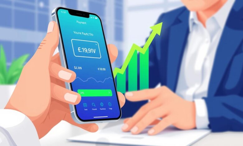 Ilustrasi meningkatkan transaksi bisnis dengan pembayaran digital menampilkan smartphone dengan aplikasi pembayaran dan grafik pertumbuhan bisnis