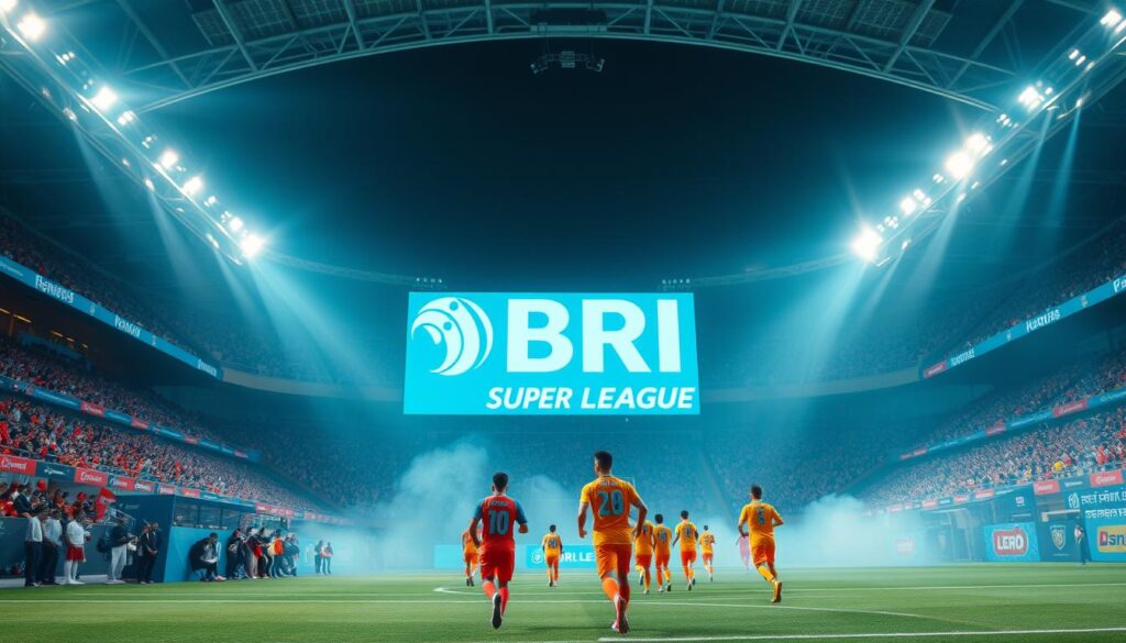 Rebranding dan sponsor BRI Super League: A dramatic stadium scene showcasing the new league's branding. In the foreground, the freshly minted BRI Super League logo gleams on a large digital display, surrounded by dynamic lighting and a crowd of eager fans. The middle ground features players in sleek, vibrant uniforms running onto the field, captured in a cinematic wide-angle lens. The background reveals the stadium's modern architecture, with bold colors and clean lines complementing the league's fresh visual identity. The overall atmosphere conveys a sense of excitement, energy, and a new era for Indonesian football.