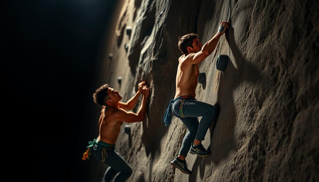 Two professional rock climbers, Raharjati and Kiromal, engaged in an intense speed climbing competition on a challenging indoor rock wall. The scene is bathed in dramatic studio lighting, casting long, dramatic shadows that accentuate the climbers' muscular forms as they scale the wall with incredible speed and agility. The climbers' faces are locked in fierce expressions of determination, their bodies tense with the strain of the competition. The background is blurred, keeping the focus squarely on the main action unfolding in the foreground. The camera angle is positioned slightly below the climbers, lending a sense of dynamism and power to the scene.