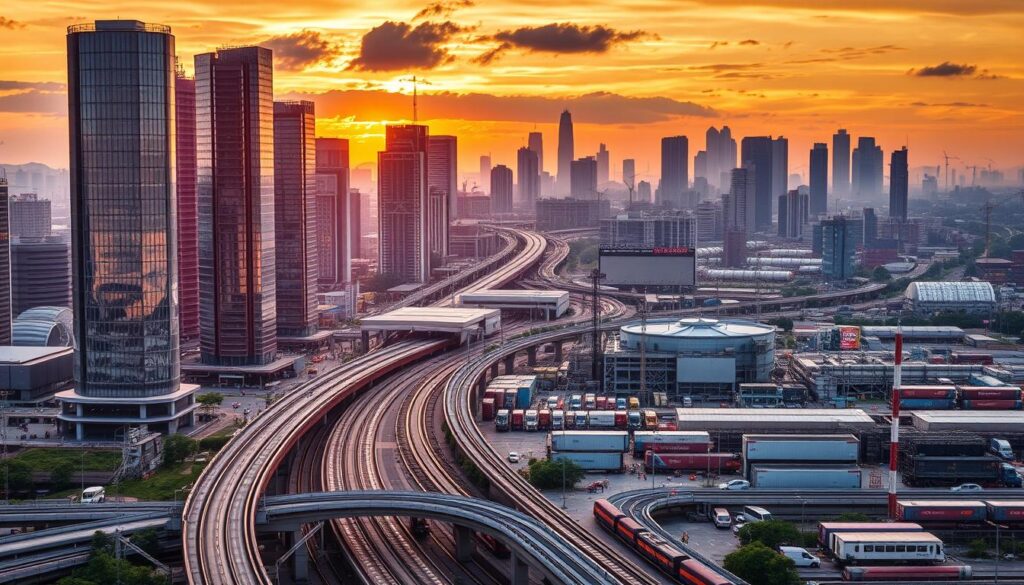 A bustling industrial cityscape, bathed in the warm glow of sunset. Towering skyscrapers of gleaming steel and glass, their reflective facades mirroring the vibrant activity below. In the foreground, a network of highways and railway lines, bustling with the movement of cars, trains, and cargo trucks, symbolizing the efficient flow of technology and commerce. In the middle ground, modern factory complexes, their machinery and smokestacks emblematic of Indonesia's thriving industrial sector. The background is dominated by a panoramic view of the city skyline, punctuated by the silhouettes of cranes and antennae, representing the ever-evolving technological landscape. The scene conveys a sense of progress, innovation, and the dynamic opportunities present in Indonesia's IT industry.