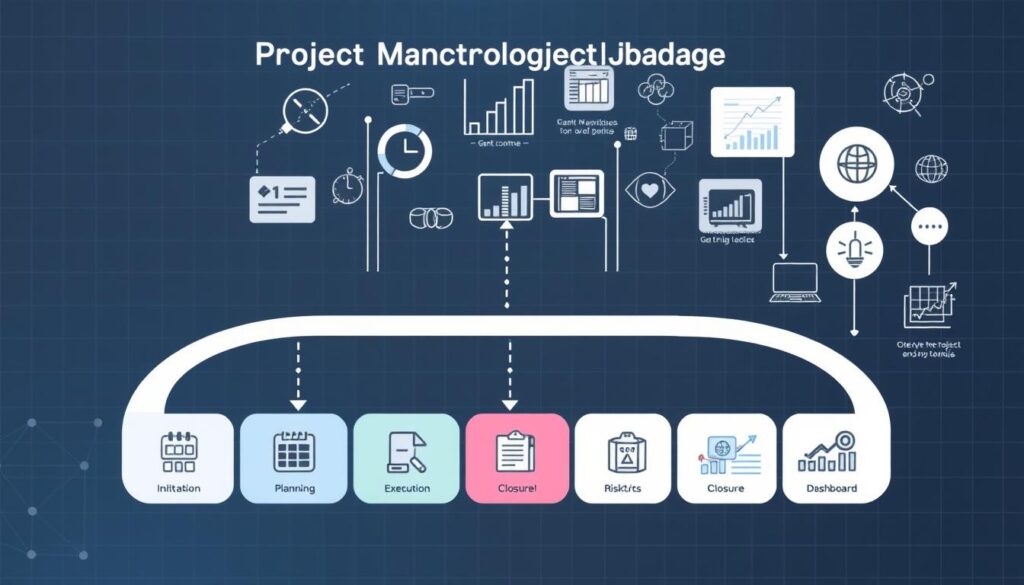 A detailed project management methodology diagram rendered in a sleek, modern style. The foreground depicts a flow chart with icons representing the key phases of a project lifecycle - initiation, planning, execution, monitoring and control, and closure. The middle ground showcases various project management tools and techniques such as Gantt charts, risk matrices, and dashboards. The background features a subtle grid pattern suggesting data, analytics, and the structured nature of effective project management. The overall composition conveys a sense of professionalism, efficiency, and strategic decision-making essential for successful IT project management.