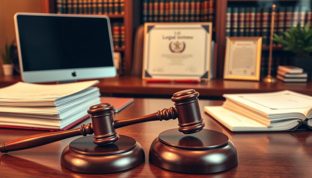 A professional and formal office setting with a wooden desk, computer, and various legal documents and certificates. The lighting is warm and slightly dimmed, creating a sense of authority and seriousness. In the foreground, a gavel and a stack of files symbolize the legal aspects of the business. The middle ground features a certificate or license prominently displayed, indicating the legality and compliance of the enterprise. In the background, a bookshelf filled with legal tomes and a framed diploma or award add to the air of professionalism and legitimacy. The overall atmosphere conveys the importance of proper business registration and licensing for a successful dropshipping venture in the Indonesian market.