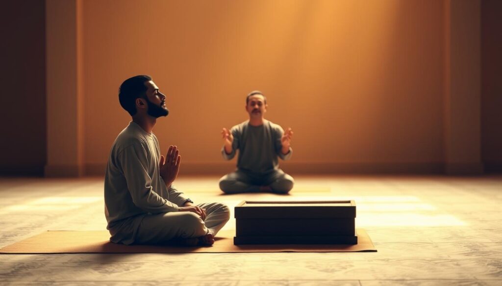 A serene and contemplative scene depicting the differences between dhikr (remembrance of Allah) and shalat (ritual prayer). In the foreground, a figure sits cross-legged, eyes closed, hands clasped, deeply immersed in dhikr, a soft glow emanating from within. In the middle ground, another figure stands with hands raised, performing the movements of shalat, their face tranquil and focused. The background is a tranquil, minimalist setting, perhaps a simple prayer room or mosque, bathed in warm, natural lighting that creates a sense of reverence and spiritual connection. The overall mood is one of introspection, devotion, and the distinct yet complementary nature of these two fundamental Islamic practices.