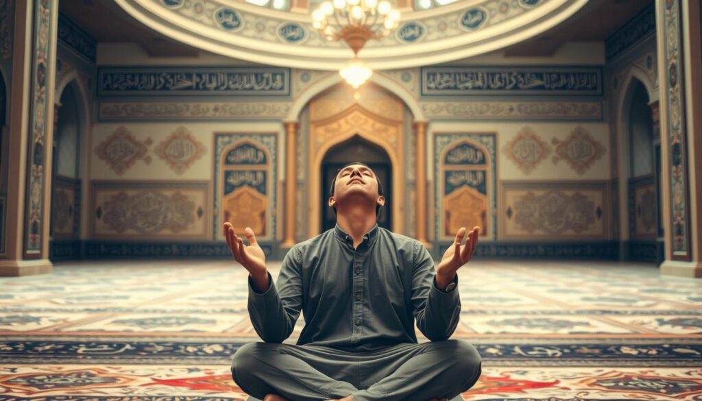 A serene and tranquil scene of a Muslim man deeply engaged in dhikr (remembrance of Allah). In the foreground, the man sits cross-legged, his eyes closed in peaceful contemplation, palms facing upward in a gesture of submission. Soft, warm lighting illuminates his face, casting a gentle glow. In the middle ground, ornate Islamic calligraphy adorns the walls, serving as a visual reminder of the spiritual significance of dhikr. The background depicts a traditional mosque interior, with intricate patterns on the floors and ceilings, creating a sense of sacred and timeless space. The overall atmosphere is one of reverence, spirituality, and the profound connection between the individual and the divine.