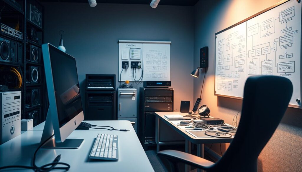 A serene workspace showcasing the essential skills of a seasoned system engineer. In the foreground, a sleek desktop computer and a neatly organized desk, symbolizing technical proficiency and attention to detail. The middle ground features an array of networking equipment, cables, and tools, hinting at the engineer's hands-on expertise. In the background, a whiteboard displays intricate diagrams and flowcharts, reflecting the engineer's problem-solving abilities and strategic thinking. Warm lighting casts a focused, professional atmosphere, while the minimalist design conveys a sense of efficiency and control. This image captures the multifaceted nature of a system engineer's skill set, both technical and analytical.