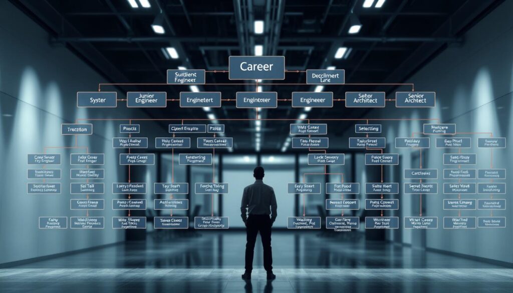 A sprawling organizational chart depicting the career trajectory of a system engineer. In the foreground, a figure stands at the center, surrounded by interconnected roles and responsibilities. The middle ground showcases various positions, from junior engineer to senior architect, connected by arrows and titles. In the background, a sleek, modern office setting with clean lines and subtle lighting, highlighting the professional environment. The image conveys a sense of progression, growth, and the opportunities available within the system engineering field.