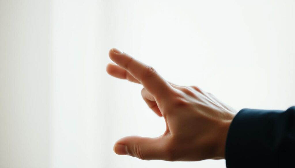 A close-up shot of a human hand performing a subtle, yet powerful gesture on a touchscreen display. The fingers are outstretched, the palm is slightly cupped, and the movement is fluid and intentional. The background is blurred, keeping the focus on the hand and the interaction with the screen. The lighting is soft and natural, creating a sense of simplicity and elegance. The overall mood is one of effortless efficiency, highlighting the hidden power of these often overlooked gestures.
