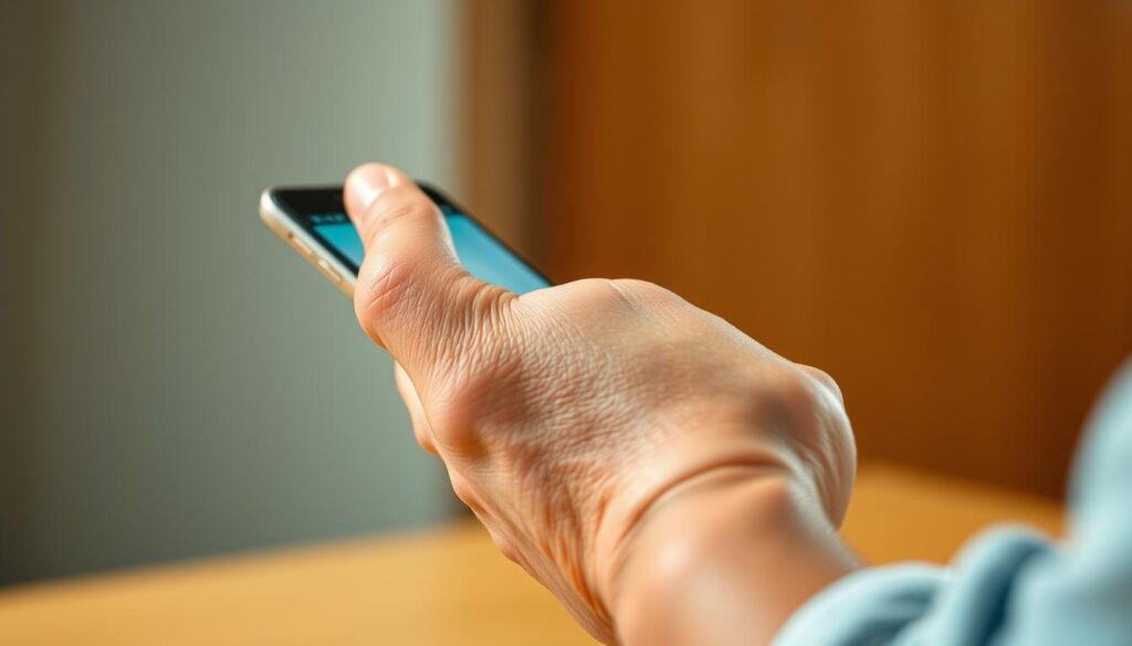 A close-up view of a human hand performing a natural, everyday gesture on the screen of an Android smartphone. The hand is positioned in the center of the frame, with the fingers extended and the palm slightly cupped, interacting with the touch-sensitive display. The gesture is fluid and intuitive, captured in sharp focus against a softly blurred, minimal background. Warm, diffused lighting accentuates the hand's form and texture, creating a sense of tactile intimacy. The image conveys the simplicity and efficiency of common smartphone navigation gestures that enhance one-handed usability.