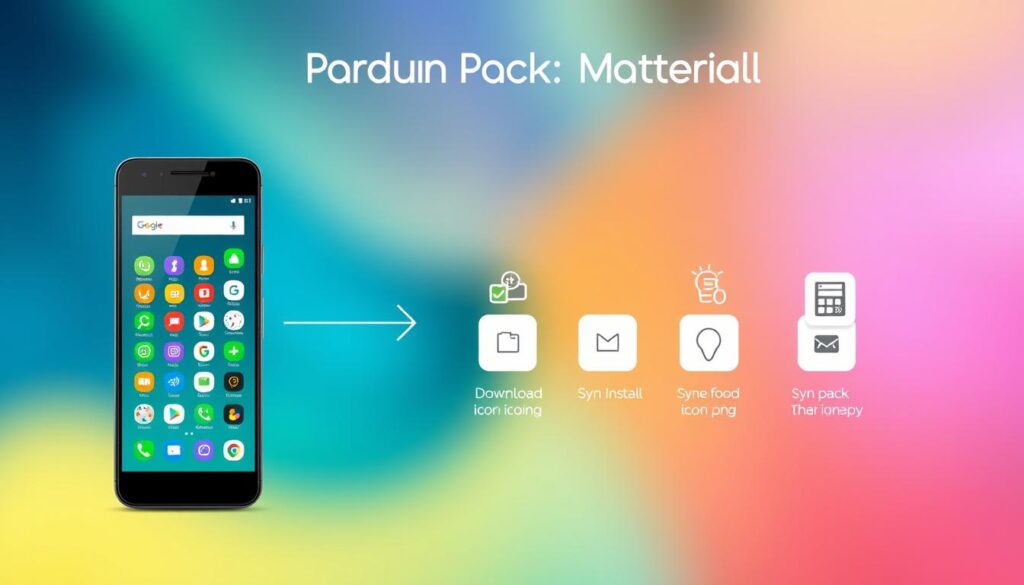 A detailed illustration of the "Panduan Icon Pack Material You" process. In the foreground, a stylized smartphone display showcases a collection of vibrant, minimalist icons. The middle ground features a step-by-step guide with clean, intuitive visuals demonstrating how to download, install, and sync the icon pack. In the background, a blurred, color-shifting wallpaper creates a dynamic, material design-inspired atmosphere. Soft, diffused lighting and a shallow depth of field emphasize the simplicity and user-friendliness of the icon pack experience.