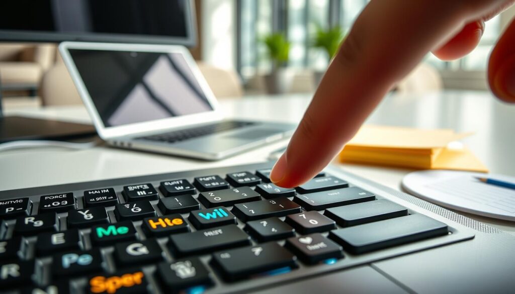 A modern computer keyboard featuring vibrant new fonts, with multiple keys displaying various stylish typography designs. In the foreground, a hand reaches for a key, showcasing a distinct, colorful font that adds flair to the typing experience. In the middle ground, a clean workspace is visible, complete with a sleek laptop and notes slid next to the keyboard, emphasizing a professional atmosphere. The background has a blurred office setting with soft, natural lighting spilling in from a nearby window, creating an inviting and productive environment. The overall mood is creative and inspiring, illustrating the benefits of using new font keyboards in everyday digital communication.
