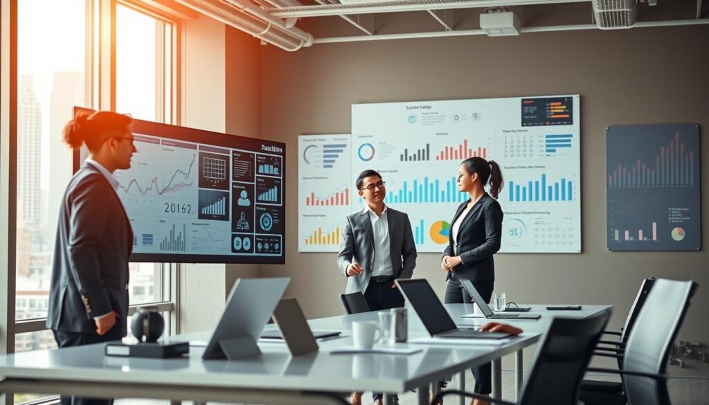 A modern office environment showcasing the benefits of data analytics for businesses. In the foreground, a diverse group of three professionals, dressed in smart business attire, focus intently on a large digital dashboard displaying complex data visualizations and graphs. In the middle ground, sleek desks with laptops and analytical tools, while a wall features an infographic illustrating key data metrics. The background shows a cityscape view through large windows, with bright natural light flooding the room. The atmosphere is dynamic and inspiring, emphasizing innovation and teamwork. Use a wide-angle lens to capture the full scene, with a soft-focus effect to highlight the professionals’ engagement in data-driven discussions, conveying a sense of clarity and strategic insight. A modern office environment showcasing the benefits of data analytics for businesses. In the foreground, a diverse group of three professionals, dressed in smart business attire, focus intently on a large digital dashboard displaying complex data visualizations and graphs. In the middle ground, sleek desks with laptops and analytical tools, while a wall features an infographic illustrating key data metrics. The background shows a cityscape view through large windows, with bright natural light flooding the room. The atmosphere is dynamic and inspiring, emphasizing innovation and teamwork. Use a wide-angle lens to capture the full scene, with a soft-focus effect to highlight the professionals’ engagement in data-driven discussions, conveying a sense of clarity and strategic insight.