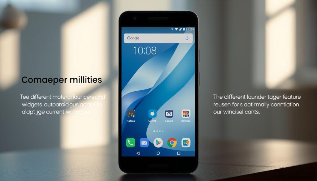 A sleek and modern launcher interface with a clean, material-inspired design. The launcher is centered in the frame, showcasing its key compatibility features - different launcher icons and widgets that automatically adapt to the user's current wallpaper. The background is softly blurred, keeping the focus on the launcher's customizable UI elements. Subtle lighting from the side creates depth and highlights the launcher's intuitive controls. The overall atmosphere is one of streamlined efficiency and seamless personalization, reflecting the section's theme of consistent visual experience across the device. A sleek and modern launcher interface with a clean, material-inspired design. The launcher is centered in the frame, showcasing its key compatibility features - different launcher icons and widgets that automatically adapt to the user's current wallpaper. The background is softly blurred, keeping the focus on the launcher's customizable UI elements. Subtle lighting from the side creates depth and highlights the launcher's intuitive controls. The overall atmosphere is one of streamlined efficiency and seamless personalization, reflecting the section's theme of consistent visual experience across the device.